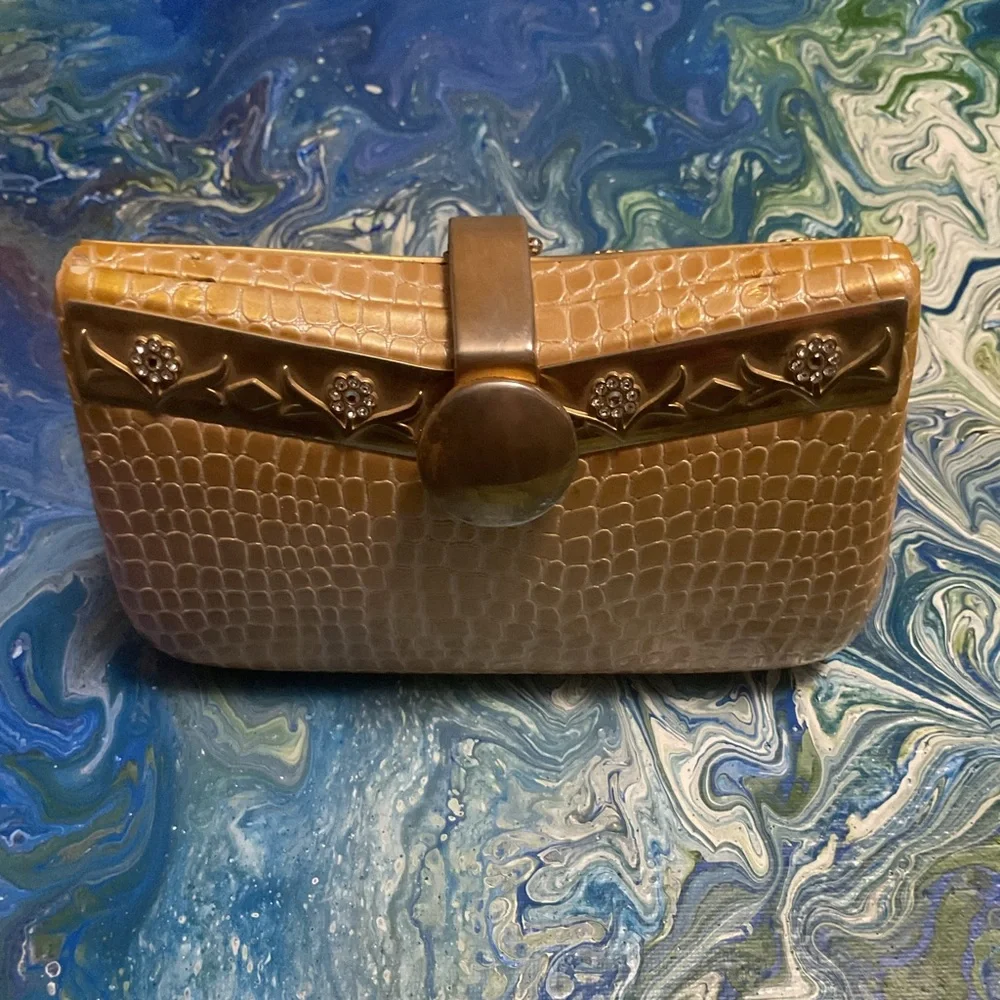 Tan Snakeskin mini Evening Bag with chain. Could be used as a crossbody